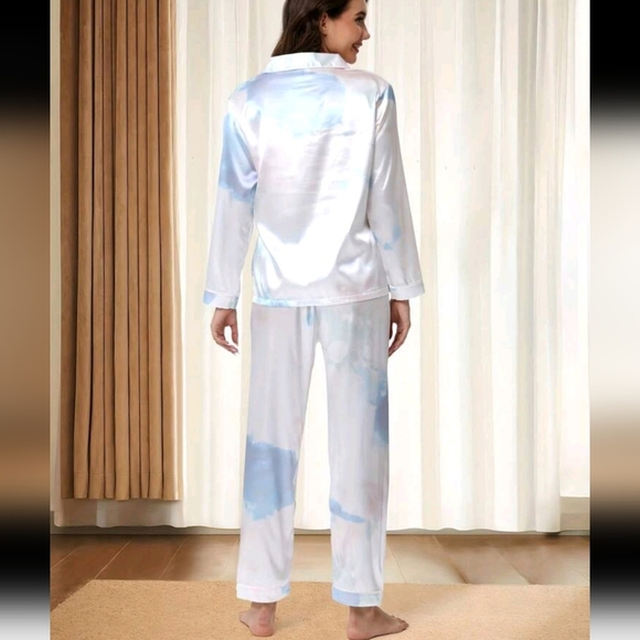 Ladies Lapel Cardigan Chinese Silk-Like Tie-Dyed Long-Sleeved Trousers Two-Piece - Picture 2 of 5